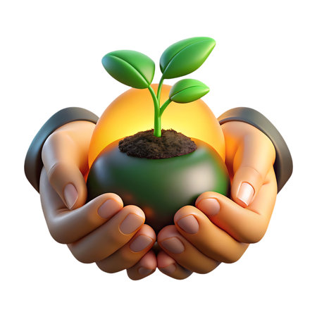 Nurturing new growth, hands cradle a vibrant seedling symbolizing potential, hope, and future prosperity in a warm glowの素材