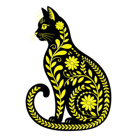 Stylized silhouette of a cat with a floral pattern on a white backgroundのイラスト素材