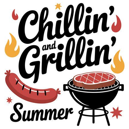 Chill and grill poster with grilled meat, sausages and flame.のイラスト素材