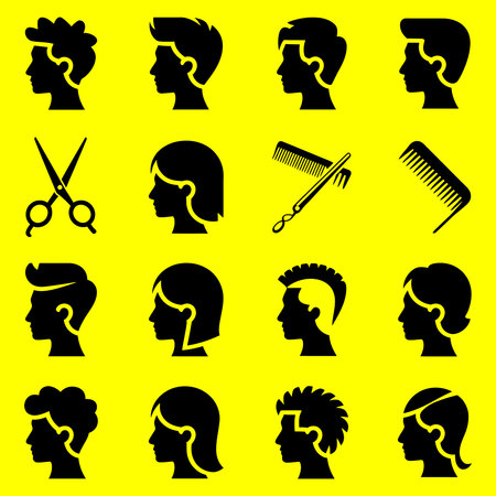 hairdresser icons set, black silhouettes on a yellow backgroundのイラスト素材