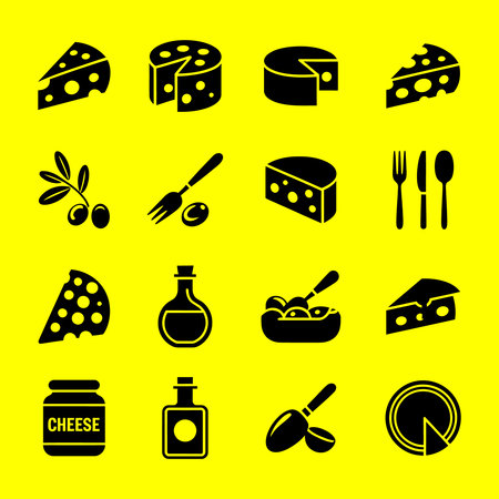 Cheese icons set on yellow background. Vector illustration for your designのイラスト素材