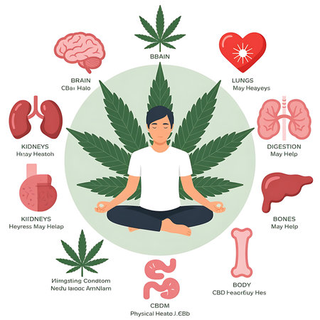 Man meditating in lotus position with cannabis leaf and icons. Vector illustrationの素材