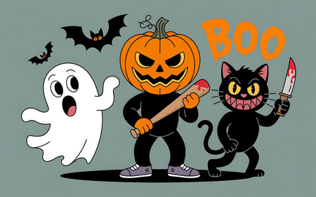 Halloween background with black cat, ghost, bat and pumpkin.の素材