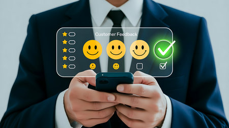 Customer satisfaction survey concept. Businessman using smart phone with satisfaction survey icons.の素材