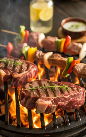 Grilled beef steaks with vegetables on barbecue grill, closeupの素材