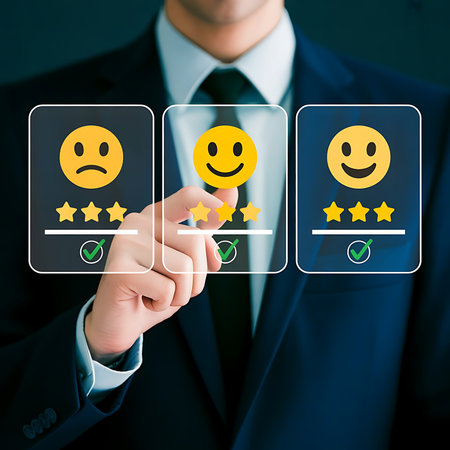 business, people, rating and feedback concept - close up of man touching customer satisfaction icon on virtual screensの素材