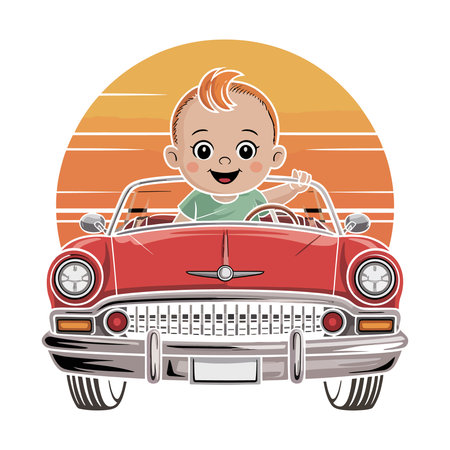 Cute little boy in a retro car. Vector cartoon illustration.のイラスト素材