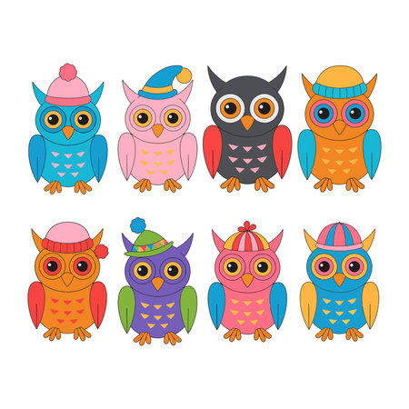 Set of cute owls in hats and scarves. Vector illustration.のイラスト素材
