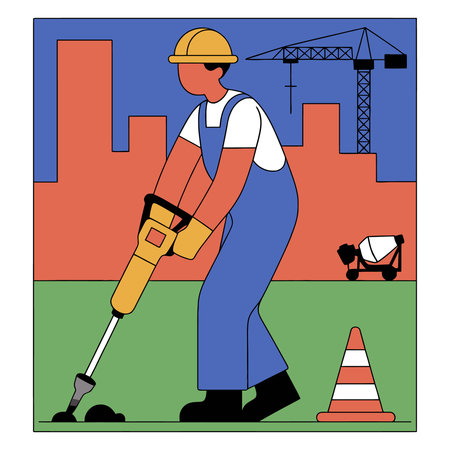 construction worker with crutches and cone vector illustration graphic designのイラスト素材