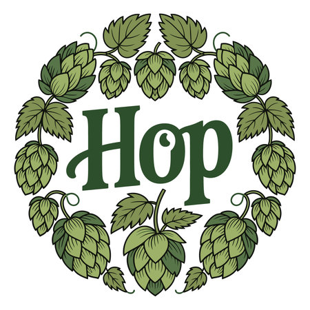 Hop label with green leaves and hop cones. Hand drawn vector illustration.のイラスト素材