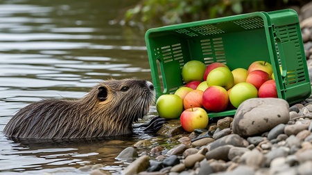 Coypu and apples in a plastic basket on the river bankの素材