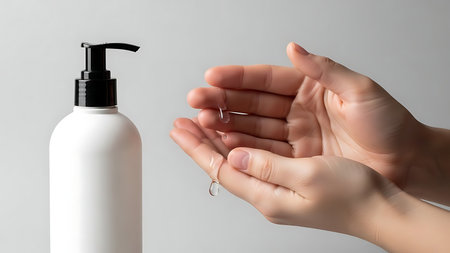 Female hands holding a bottle of hand sanitizer on gray backgroundの素材