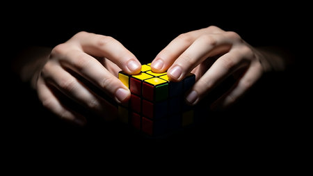 Conceptual image of human hands holding colorful cube with one missing pieceの素材