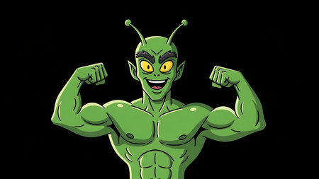 Green robot flexing his muscles on a black background. Vector illustration.の素材