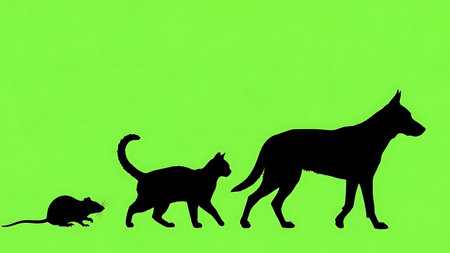 Silhouette of a cat, dog and mouse on a green backgroundの素材