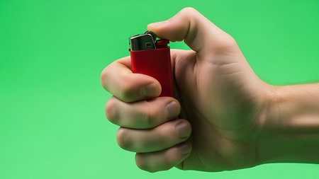 Male hand holding a red lighter on a green background with copy spaceの素材