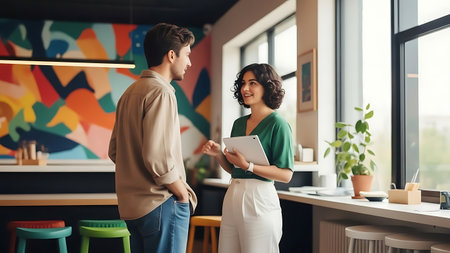 Young couple in cafe. Man and woman discussing something while standing in cafeの素材