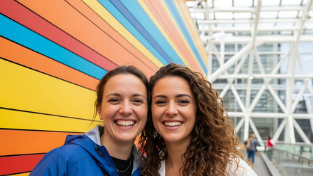 Portrait of two smiling young women in front of a rainbow wallの素材
