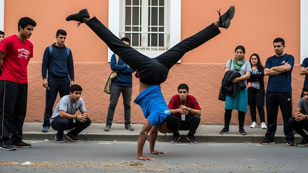 Unidentified people doing acrobatic tricks on the street.の素材