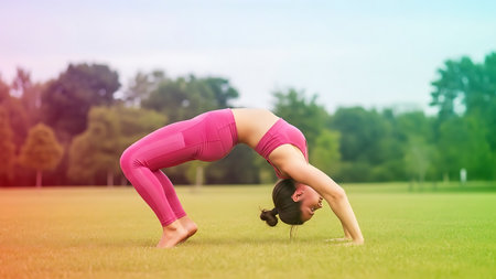 Young woman practicing yoga in the park. Concept of healthy lifestyle.の素材