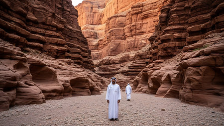 Handsome middle eastern man in traditional clothes and hat walking in Petra, Jordanの素材