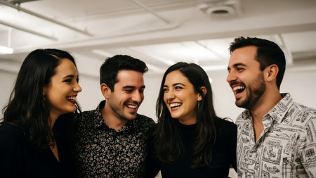 Group of happy young business people looking at each other and smiling while standing in officeの素材