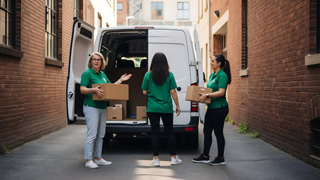 Delivery service. Group of young women in green t-shirts and jeans holding cardboard boxes while standing near their minibusの素材