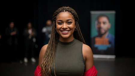 beautiful african american woman with dreadlocks smiling at cameraの素材