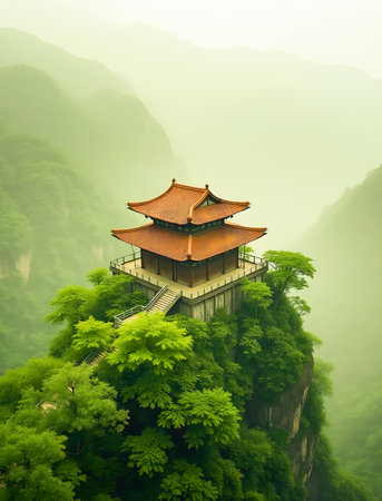 Landscape view of a pavilion on the edge of a cliffの素材