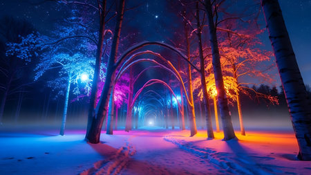 Snowy forest trail illuminated by vibrant blue and pink lights at nightの素材