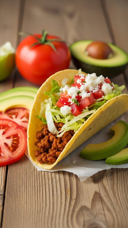 A taco filled with meat lettuce tomatoes and cheese on a wooden table with fresh vegetablesの素材