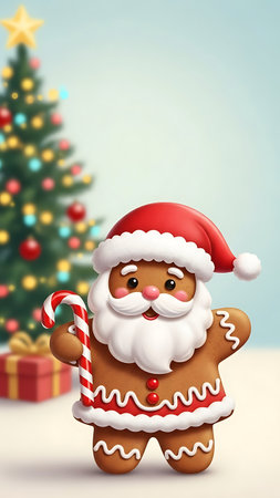 Gingerbread Santa Claus holding a candy cane isolated on a transparent background with a decorated Christmas treeの素材