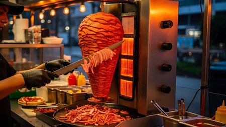 A street food vendor slicing meat from a vertical rotisserie at a night marketの素材