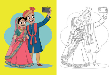 Indian couple taking selfie with smartphone. Coloring book for children.のイラスト素材