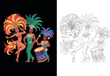 Carnival dancers. Set of black and white vector illustrations.のイラスト素材