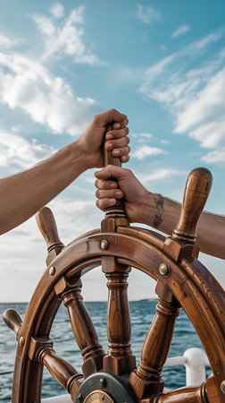Cropped image of two people holding steering wheel while sailing on seaの素材