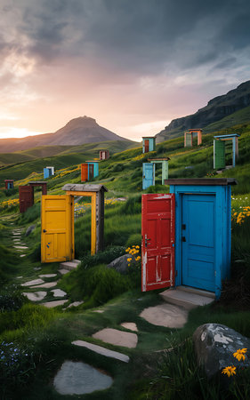 Row of brightly colored outhouses on a grassy hillside at sunsetの素材