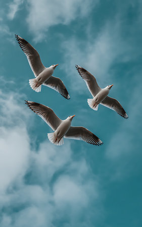 Three seagulls flying in formation against a partly cloudy blue skyの素材