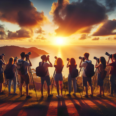 Group of photographers taking pictures of a beautiful sunset over the ocean from a cliffの素材