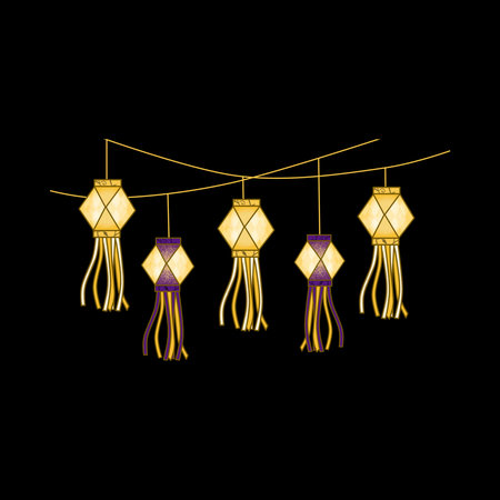Lanterns hanging on a black background. Vector illustration.