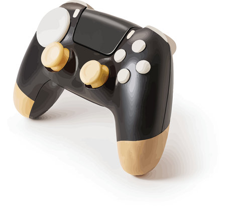 Modern video game controller with gold accents isolated on a white background