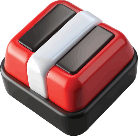 A 3D rendered red and white button with a black base isolated on a transparent background