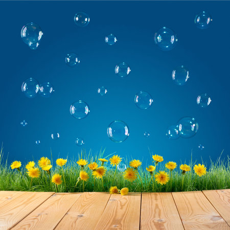nature background with grass, blue sky and soap bubbles