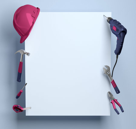 helmet, drill, pliers and construction tools on a white background frame