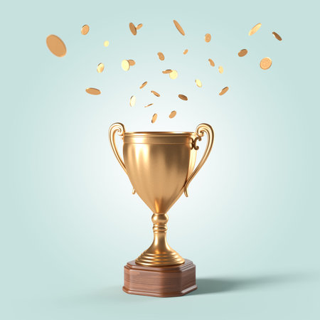 gold cup and rain of coins on an isolated background