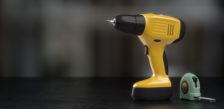 construction tools, screwdriver and measuring tape on black background, 3D illustrationの写真素材