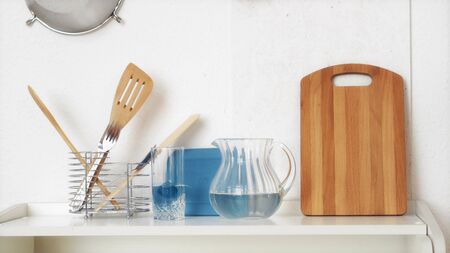 Pasta in glass jar on the kitchen backgroundの写真素材