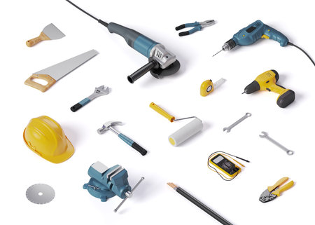 helmet, drill and other construction tools on a white background isolated, 3D illustration