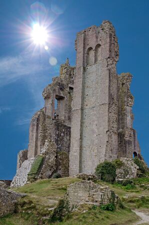 Corfe Castle against blue skyのeditorial素材