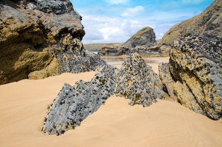 Bedruthan Steps beach, Cornwall, Englandの写真素材